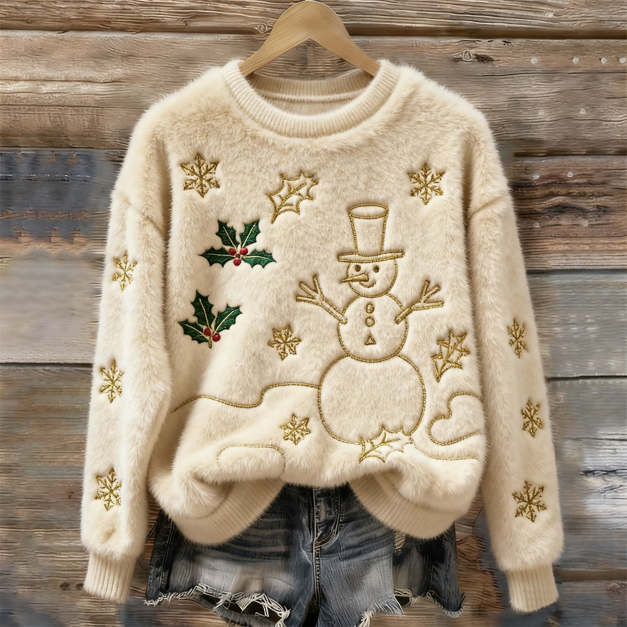 Comstylish Women's Christmas Snowman Embroidery Cozy Plush Sweater