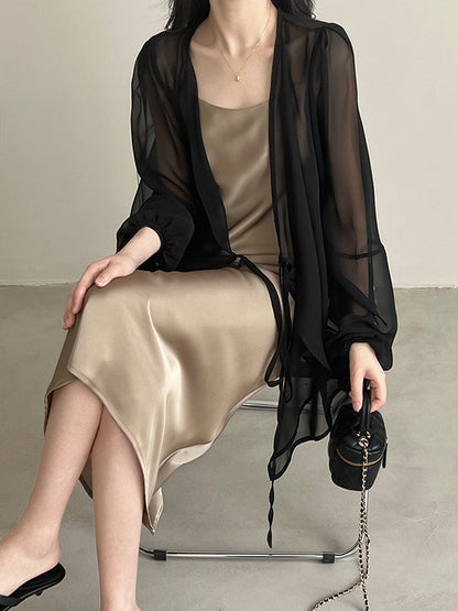 Bishop Sleeve Long Sleeves See-through Split-joint Tied Collarless Blouses&shirts Tops