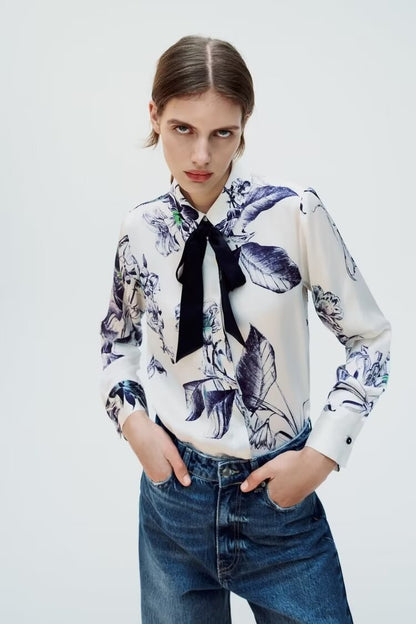 Spring Bowknot Decoration Collared Shirt – Print ’s Blouse