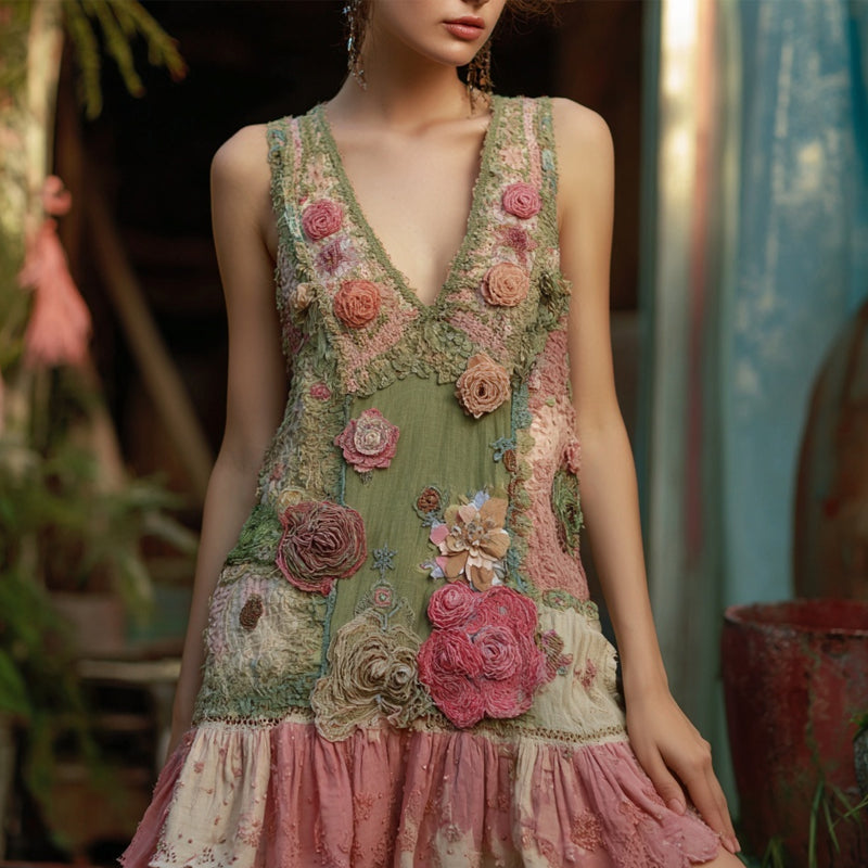 Vintage Boho Roses Embroidered Patchwork Linen Mini Dress elevenforest