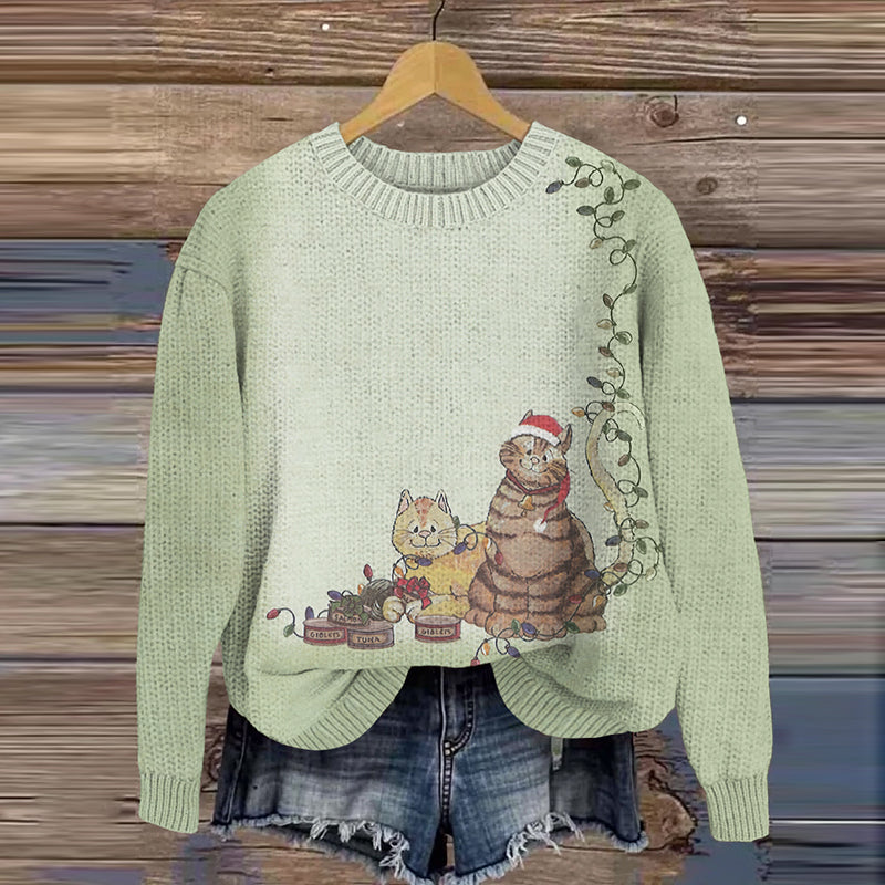 Christmas Lights Cat Embroidery Knitted Sweater elevenforest