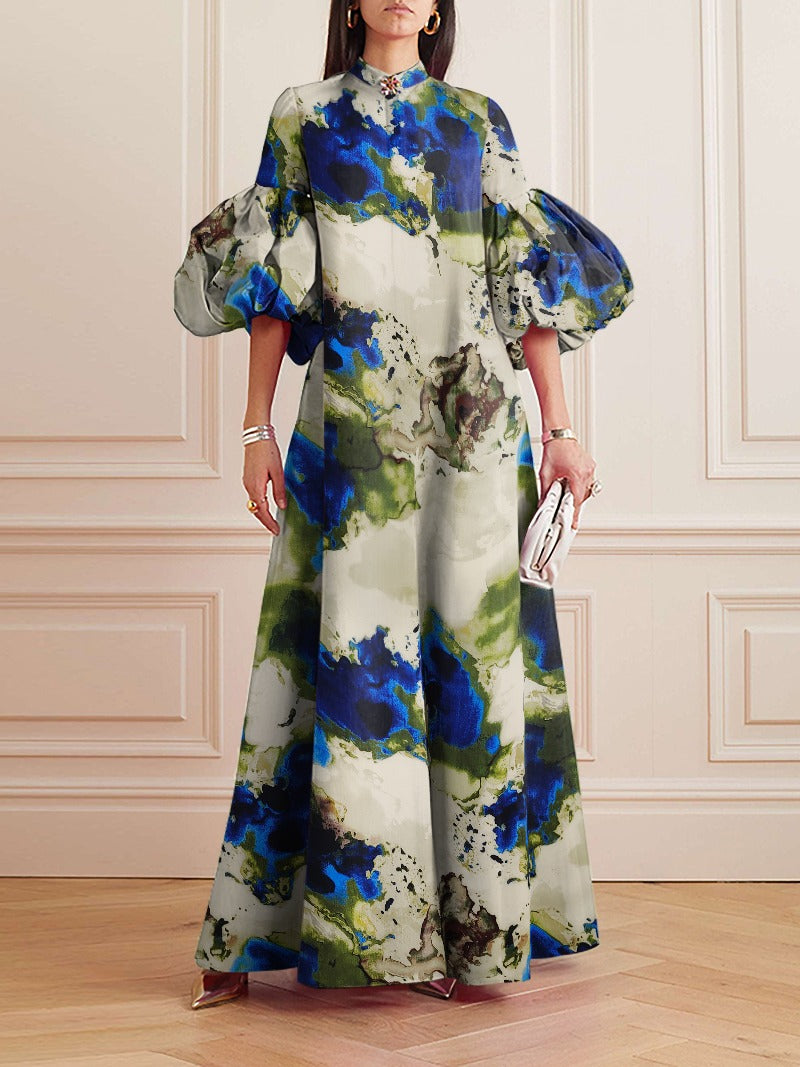 Loose Flower Shape Color Stand Collar Lantern Sleeves Maxi Dresses