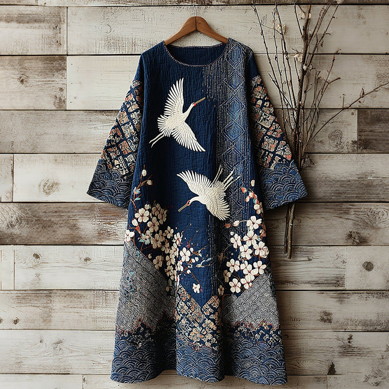 Women's Vintage Japanese Crane Art Linen Blend Round Neck Dress elevenforest