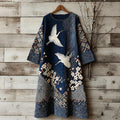 Women's Vintage Japanese Crane Art Linen Blend Round Neck Dress elevenforest