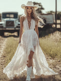 Western Retro White Lace Sleeveless Irregular Skirt Dress Maxi Dress