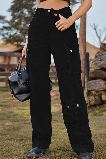 Street Pocket Mid Waist Loose Denim Jeans