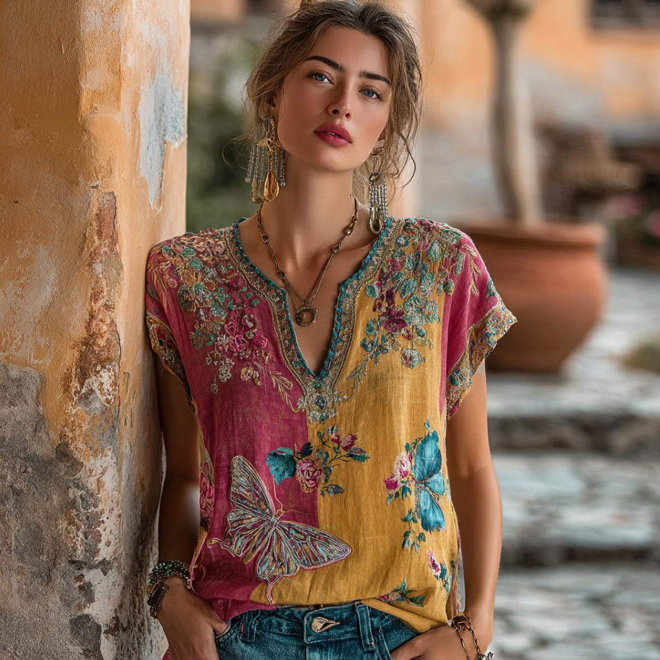 Bohemian Style V-neck Butterfly And Flower Embroidery Cotton And Linen Short Sleeve elevenforest