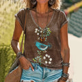 Comstylish Bird Floral Art Print Women's V-neck T-shirt