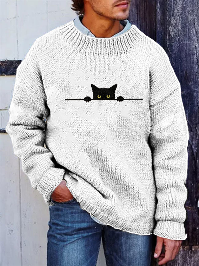 Men's Casual Funny Black Cat Print Sweater elevenforest