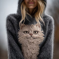 Comstylish Cute Fuzzy Cat Embroidered Cozy Hooded Sweater