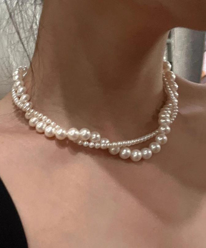 White Alloy Double-layer Pearl Gratuated Bead Necklace