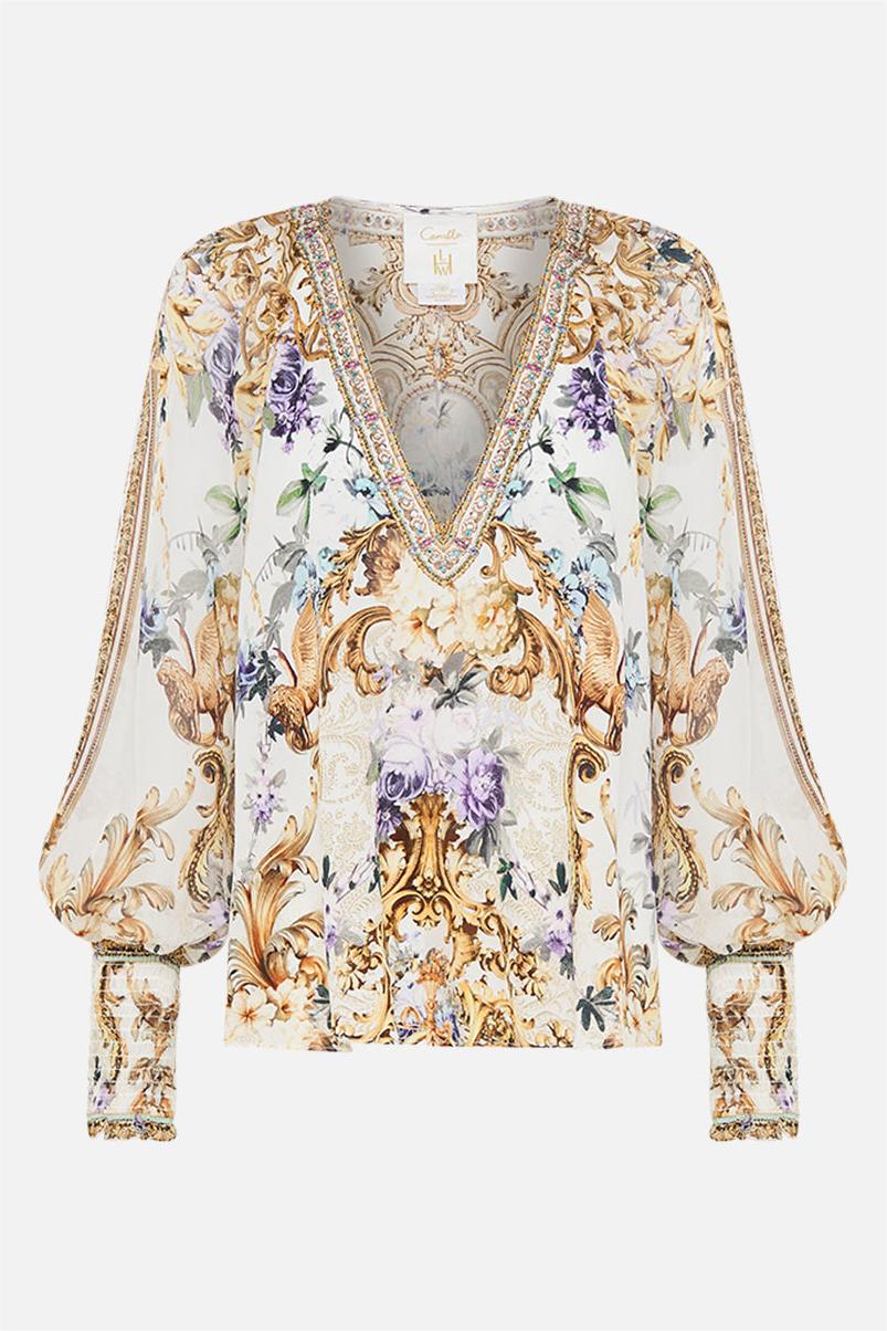 Palace Print Rhinestone Lantern Sleeve Top & Hight Waist Short Set With Belt