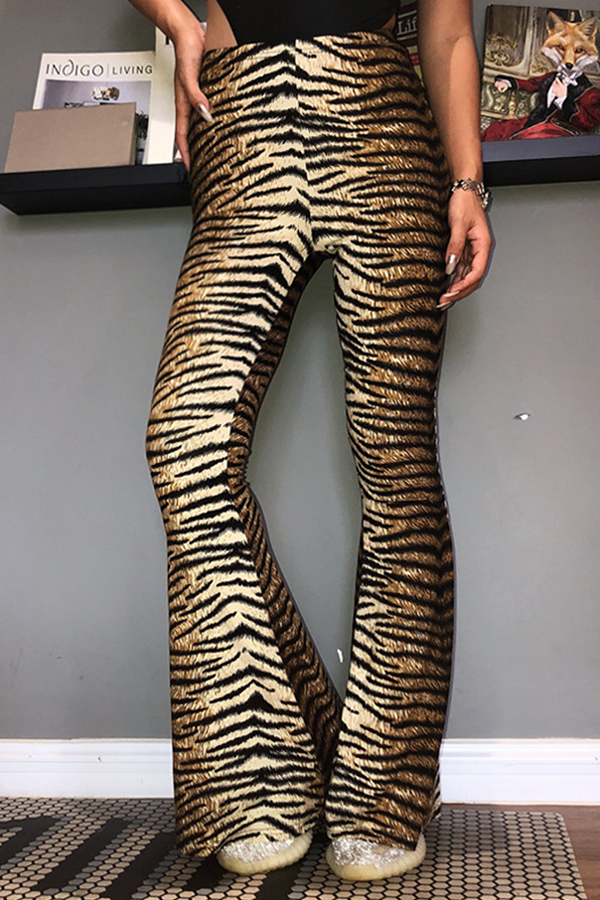 Street Animal Print Leopard Split Joint Basic Boot Cut High Waist Full Print Bottoms