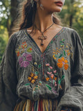 Vintage Boho Floral Embroidered Linen Blend Tunic elevenforest