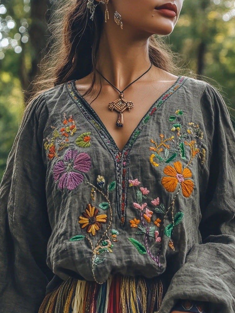 Vintage Boho Floral Embroidered Linen Blend Tunic elevenforest