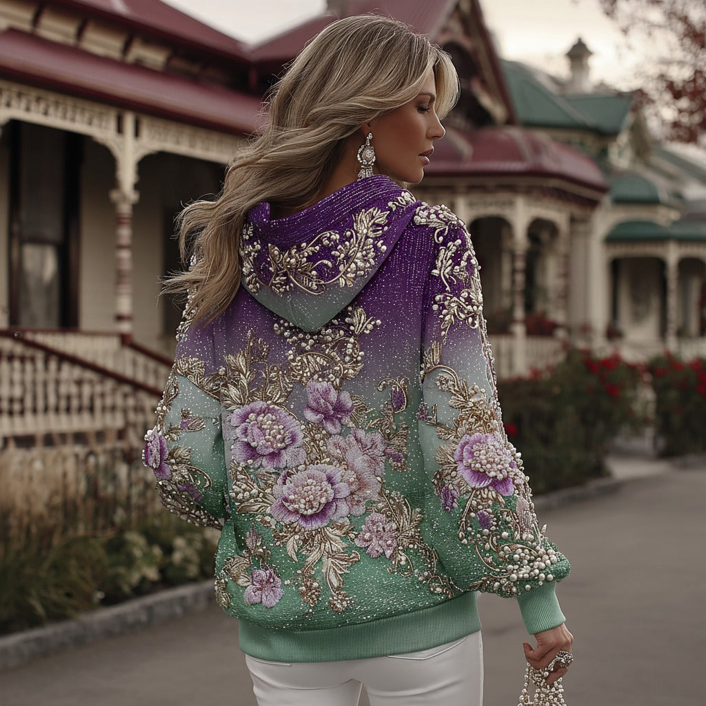 Women's Retro Purple Rose Gradient Art Pattern Casual Hoodie elevenforest