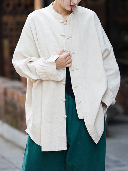 Batwing Sleeves Loose Chinese Frog Buttons Pleated Color Split-joint Stand Collar Blouses