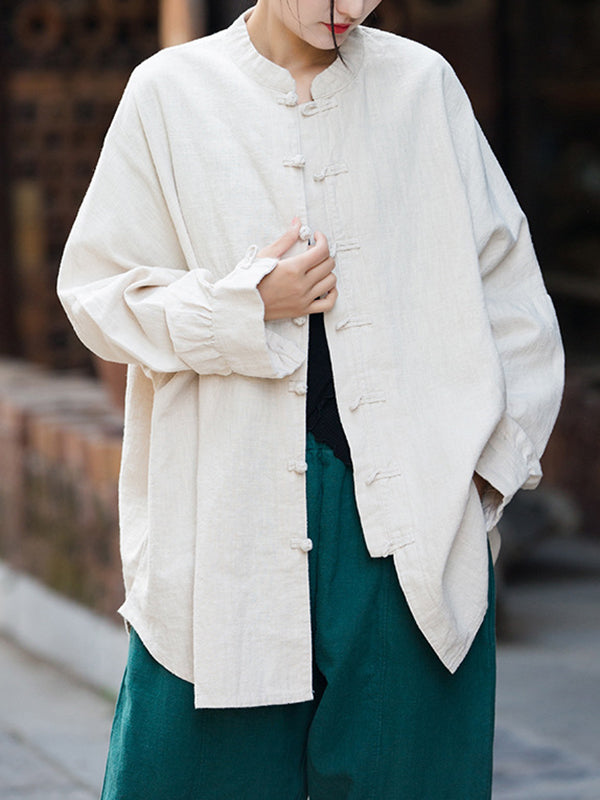 Batwing Sleeves Loose Chinese Frog Buttons Pleated Color Split-joint Stand Collar Blouses