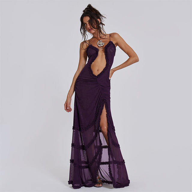 Noble Furry Halter Sleeveless Hollow Dress Camisole Shrunk Split Wave Cut Dress Prom Occasion Evening Gown