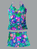 Colorful Flower V-Neck Vintage Flowers Print Suspender Skirt Tankini Pantskirt Set Swimsuit