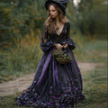 Classy Witch Purple Floral Glitter Embroidered Flowy Linen Dress elevenforest
