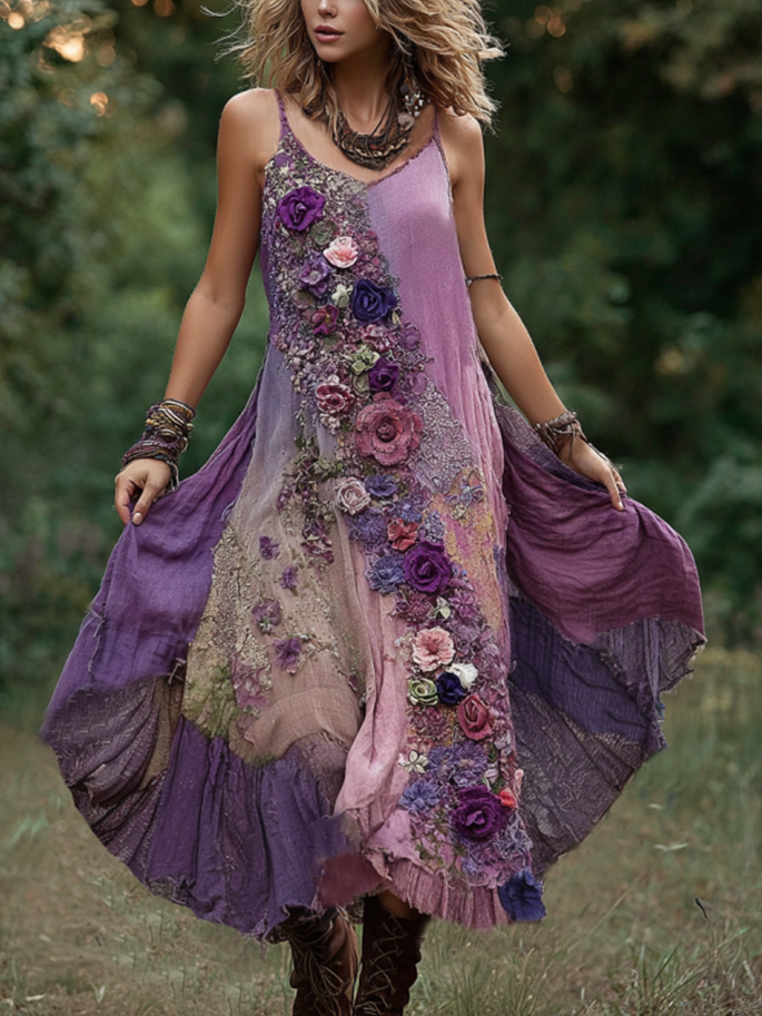Vintage Classy Gradient Purple Lavender And Floral Embroidered Linen Suspender Long Dress elevenforest