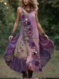 Vintage Classy Gradient Purple Lavender And Floral Embroidered Linen Suspender Long Dress elevenforest