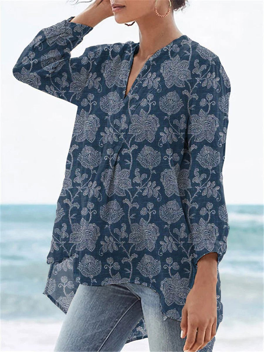 Women's Vintage Floral Art Print Casual Linen V-neck Shirt