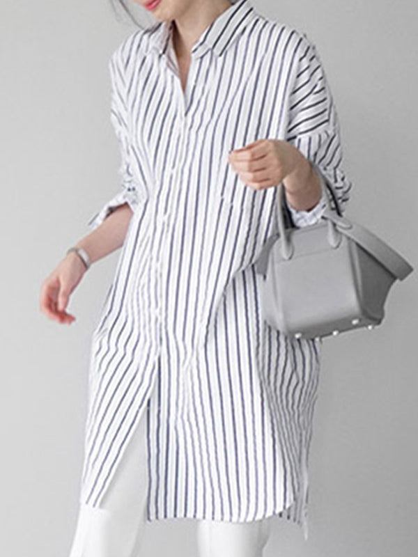 Urban Loose Color Striped Lapel Blouse Top