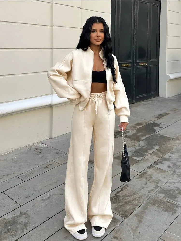 Taruxy Lace Up Pant Sets Loose V Neck Cardigan Woman Autumn Winter Sports Pants 2 Piece Sets Outfits