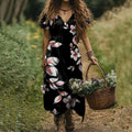 Women's Sakura Art Print V-neck Linen Blend Midi Dress elevenforest