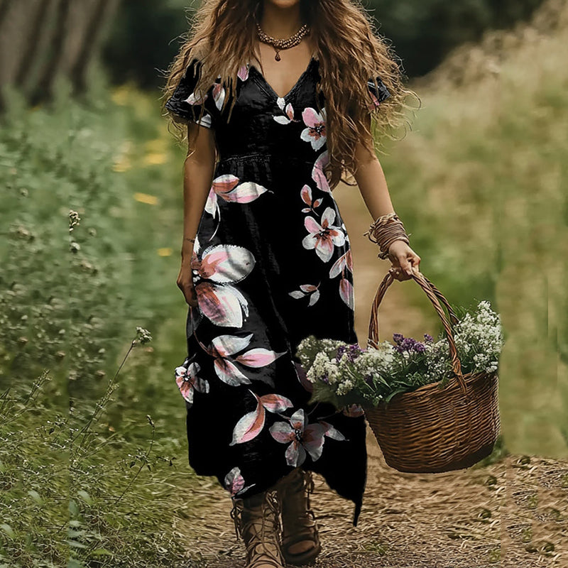 Women's Sakura Art Print V-neck Linen Blend Midi Dress elevenforest