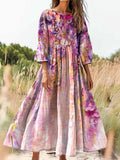 Women's Gradient Floral Art Print Flowy Cotton Crew Neck Dress