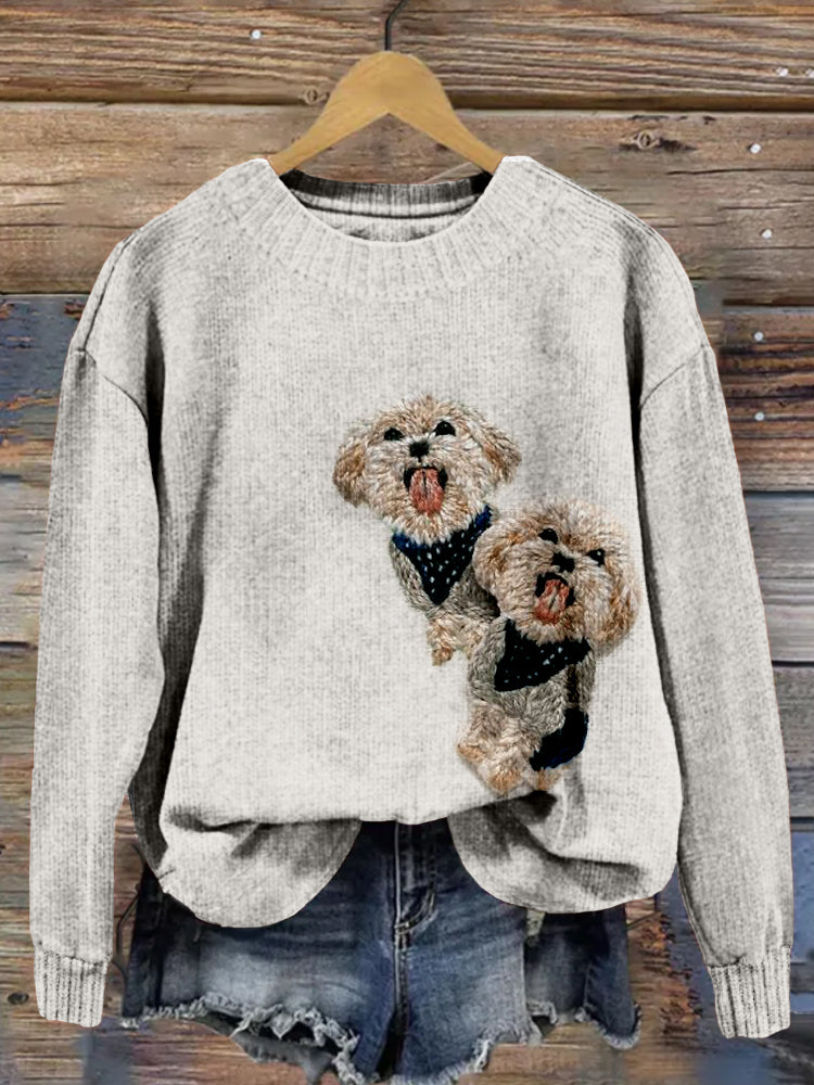 Comstylish Lovely Dogs Embroidered Crew Neck Cozy Sweater