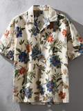 Bohemian Style Plant And Flower Pattern Men's Retro Cotton And Linen Short-sleeve Shirt elevenforest