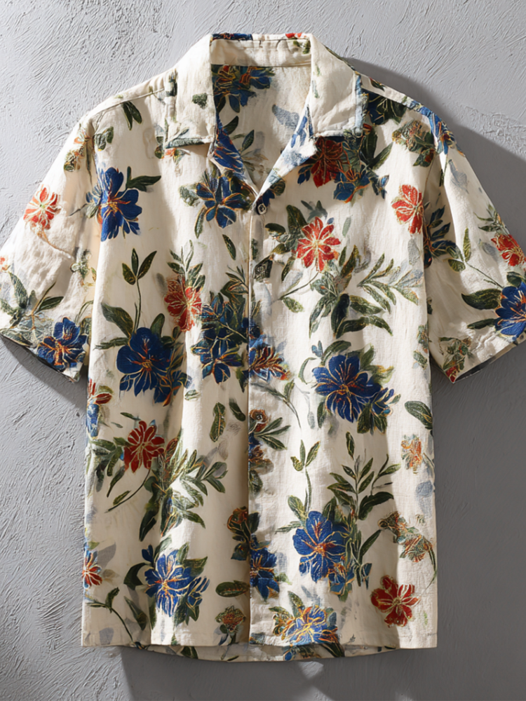 Bohemian Style Plant And Flower Pattern Men's Retro Cotton And Linen Short-sleeve Shirt elevenforest