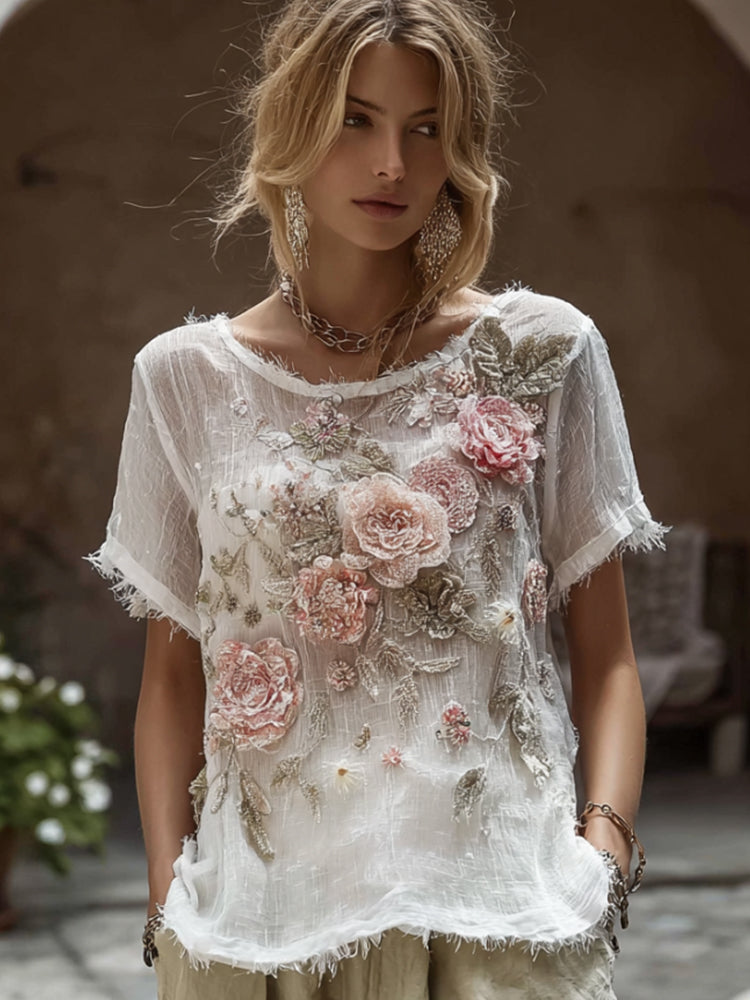 Women's Bohemian Style Rose Sequin Loose Short Sleeve elevenforest