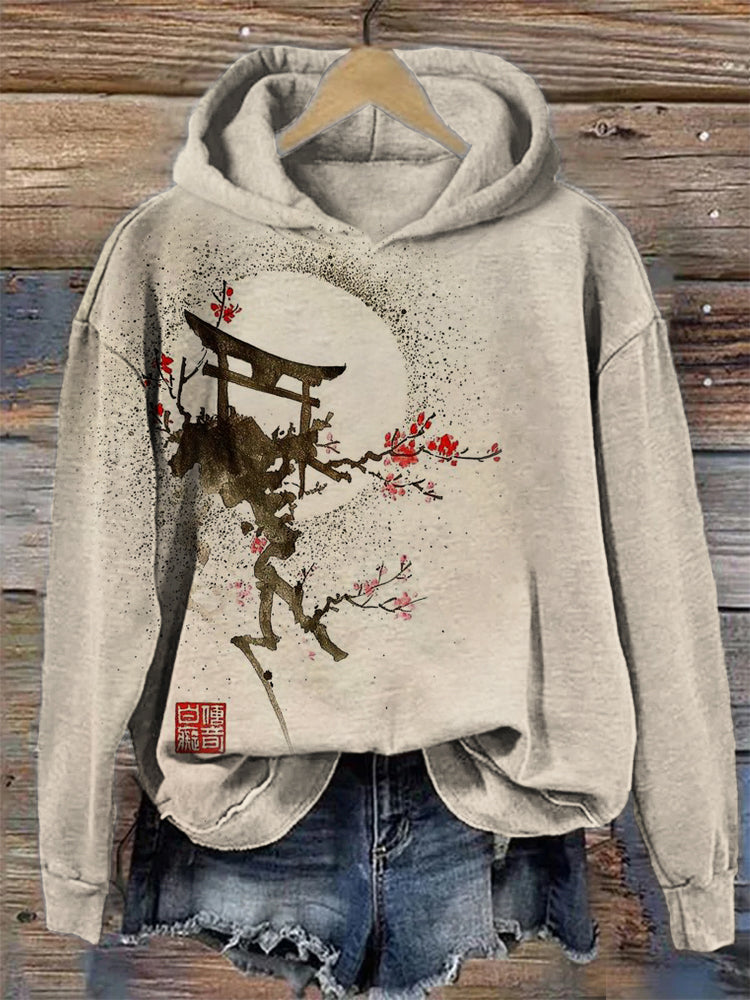 Japanese Shinto Shrine & Cherry Blossom Brush Art Hoodie elevenforest