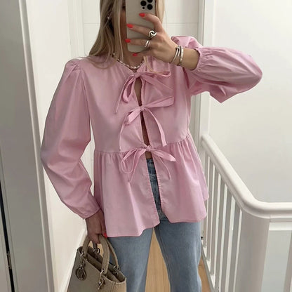 Taruxy Bow Bandage Hollow Shirt for Color Patchwork Long Sleeve Loose Summer Female Club Y2k Top