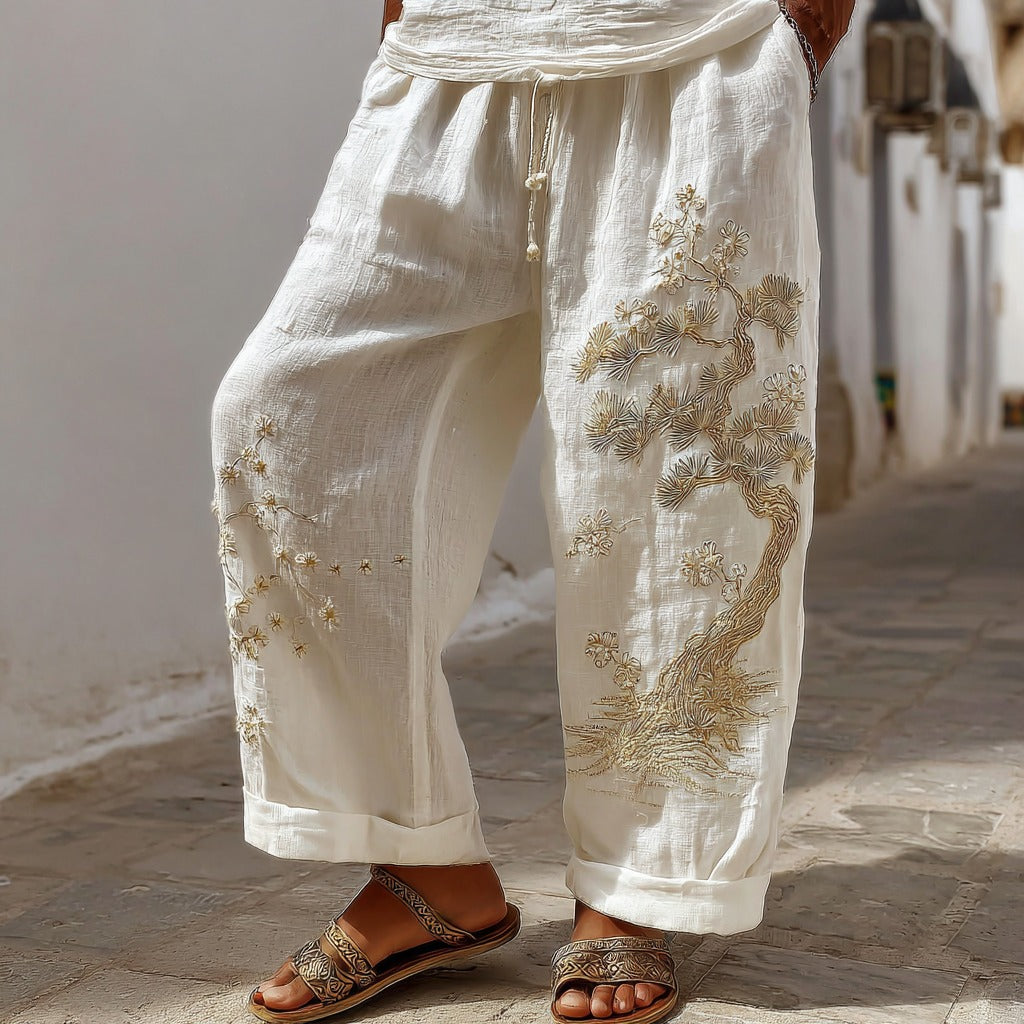 Men's Japanese Pine And Cherry Blossom Casual Linen Pants elevenforest