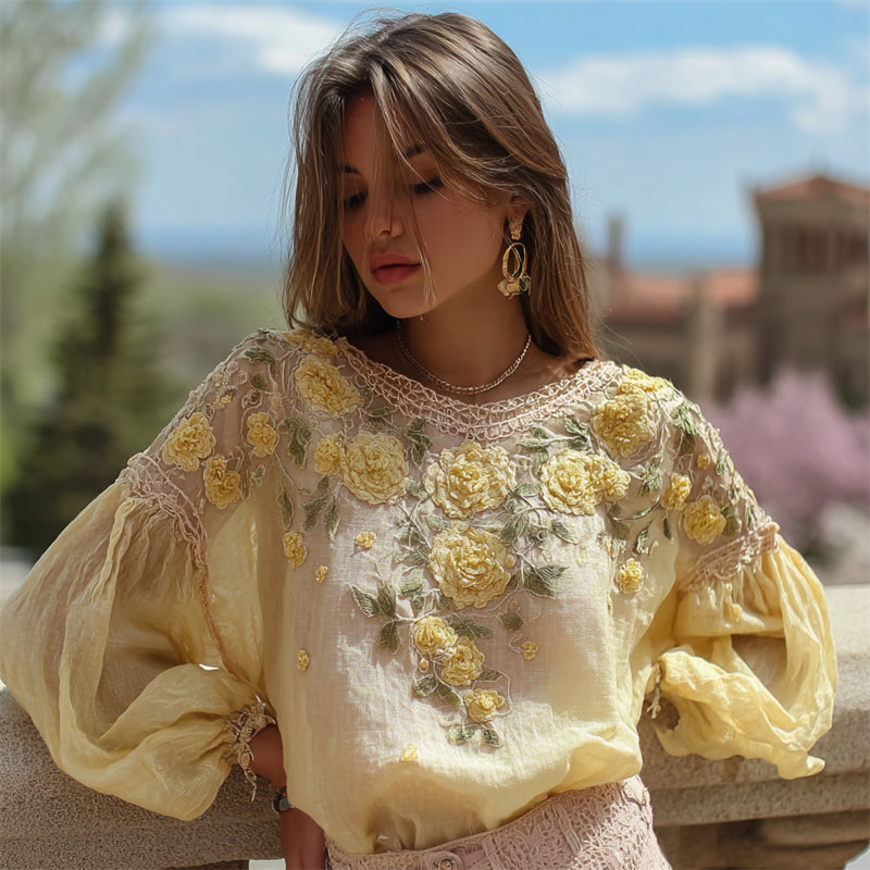 Boho Cottagecore Yellow Floral Embroidered Flowy Linen Tunic elevenforest