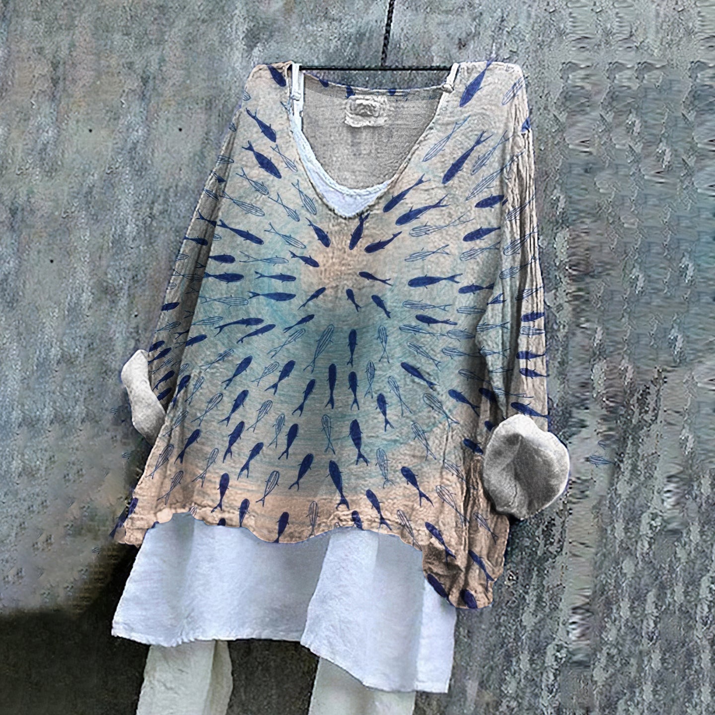 Fish Art Pattern Linen Blend Tunic elevenforest