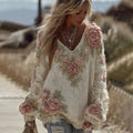 Women's Retro Rose Floral Art Cozy V Neck Sweater elevenforest
