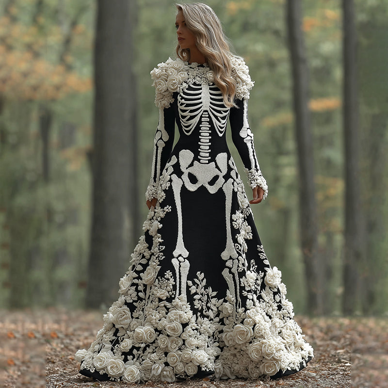 Women's Vintage Halloween Skeleton Bones With Rose Art Cozy Knitted Warm Long Sleeve Maxi Dress elevenforest