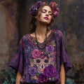 Day Of The Dead Glitter Purple Roses Sugar Skull Fiber Art Linen Shirt elevenforest