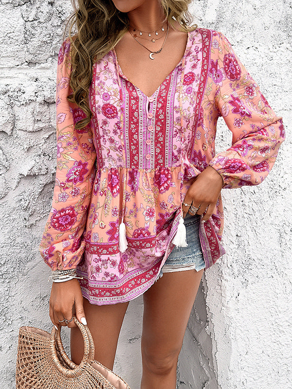 Long Sleeves Loose Buttoned Elasticity Flower Print Split-joint Tasseled V-neck Blouses&shirts Tops