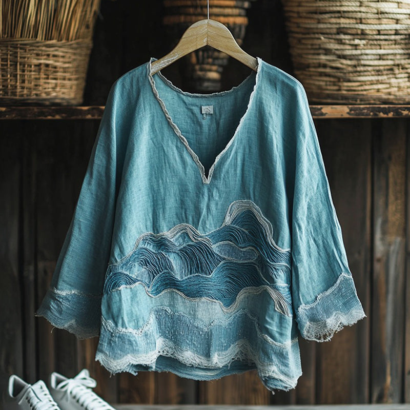 Vintage Waves Embroidery Japanese Art Linen Blend Cozy Tunic elevenforest
