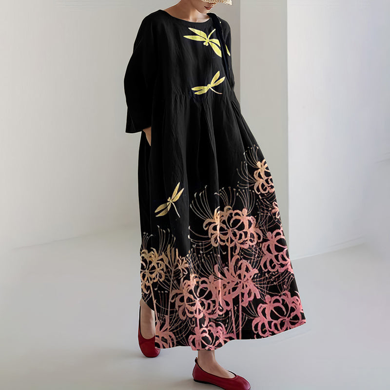 Comstylish Vintage Japanese Floral And Dragonfly Art Pattern Flowy Linen Maxi Dress