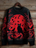 Men's Halloween Black Cat Crow Art Print Sweater elevenforest