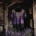 Bohemian Lavender Embroidery Gradient Patchwork Art Linen Short Sleeve T-shirt elevenforest